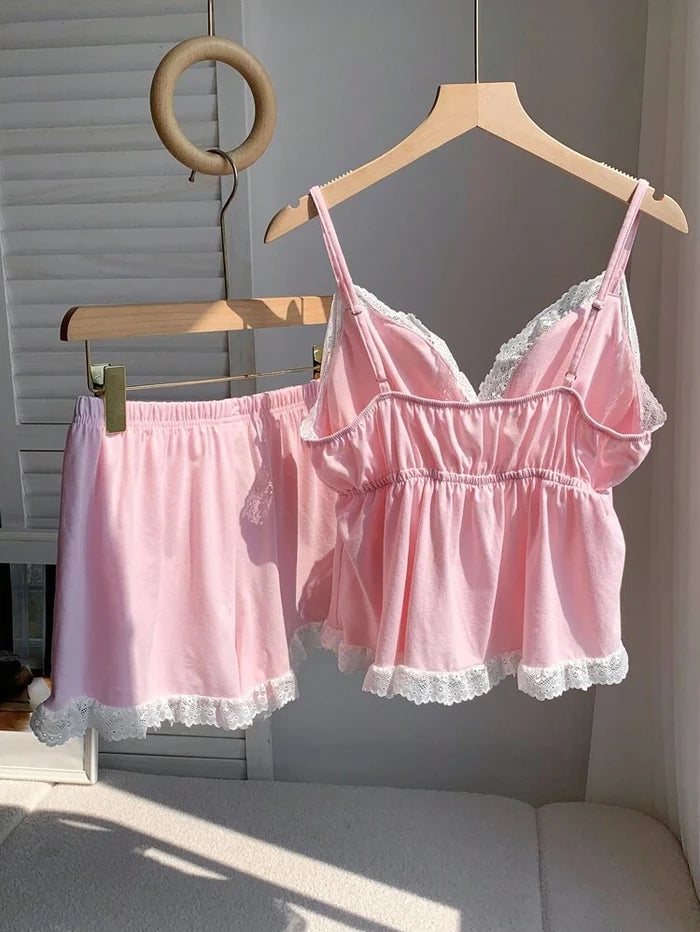 Women Lace Trim Pajama Set – Cute Camisole Top & Shorts Nightwear