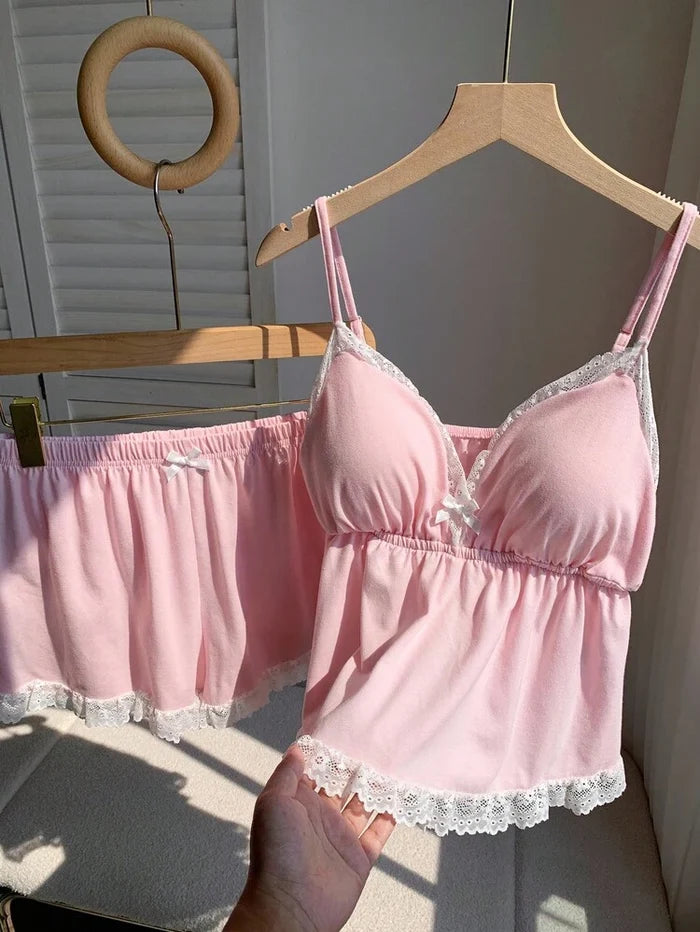 Women Lace Trim Pajama Set – Cute Camisole Top & Shorts Nightwear
