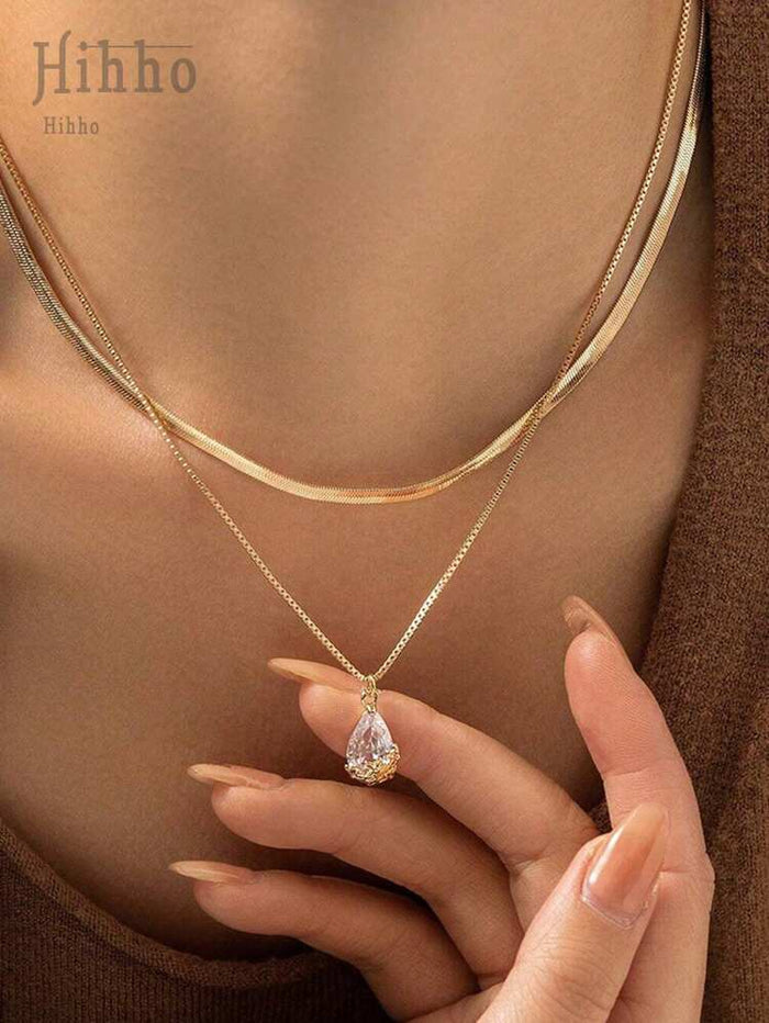 Women Layered Gold Necklace – Snake Chain & Crystal Drop Pendant