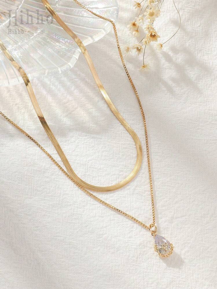 Women Layered Gold Necklace – Snake Chain & Crystal Drop Pendant