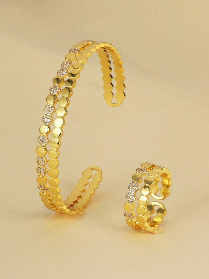 Women Luxury Honeycomb Bracelet & Ring Set – Gold Crystal Hexagon Jewelry Set