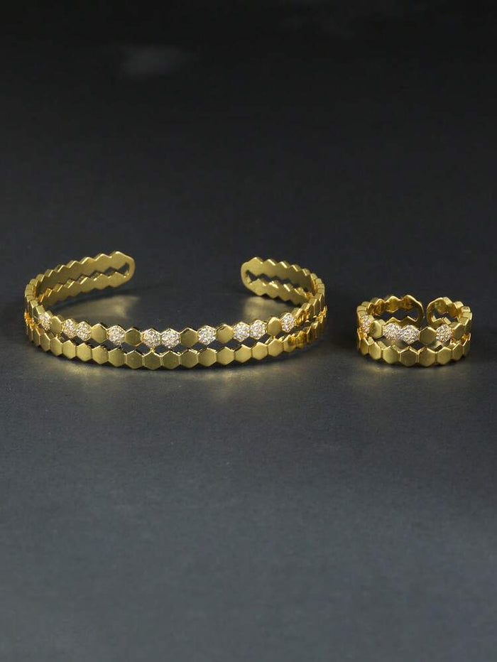 Women Luxury Honeycomb Bracelet & Ring Set – Gold Crystal Hexagon Jewelry Set