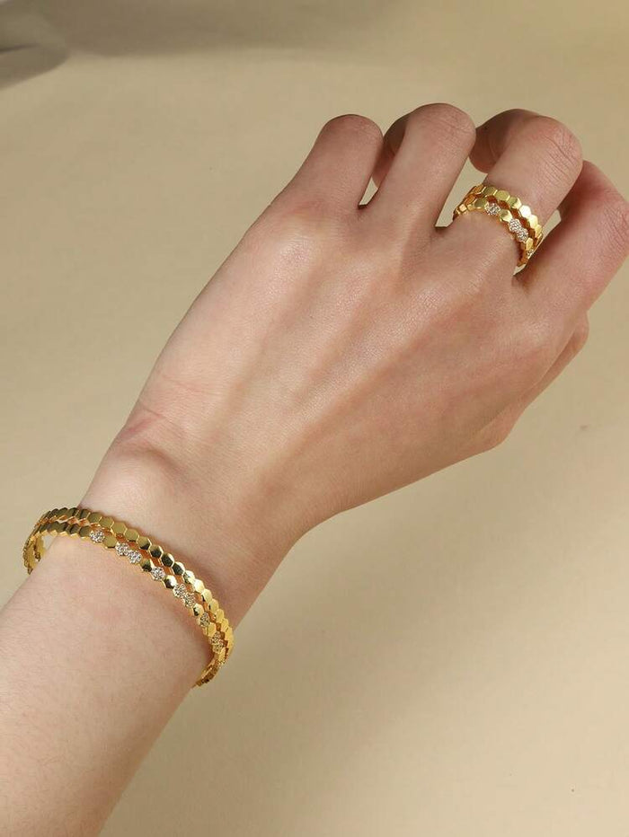 Women Luxury Honeycomb Bracelet & Ring Set – Gold Crystal Hexagon Jewelry Set