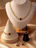 Women Luxury Jewelry Set – Gold Chain Necklace Bracelet Ring Earrings with Red Crystal