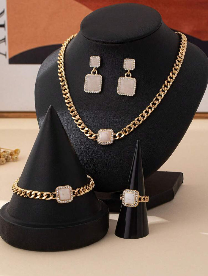 Women Luxury Jewelry Set – Gold Chain Necklace Bracelet Ring Earrings with Red Crystal