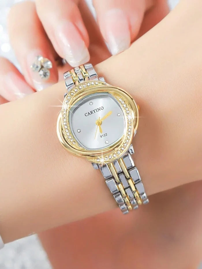 Women Luxury Two-Tone Watch – Crystal Bezel Stainless Steel Bracelet