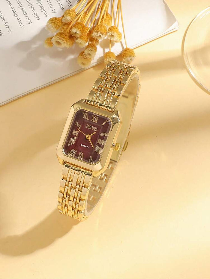 Women Luxury Watch & Heart Bracelet Set – Gold Quartz Watch with Crystal Heart Bracelet