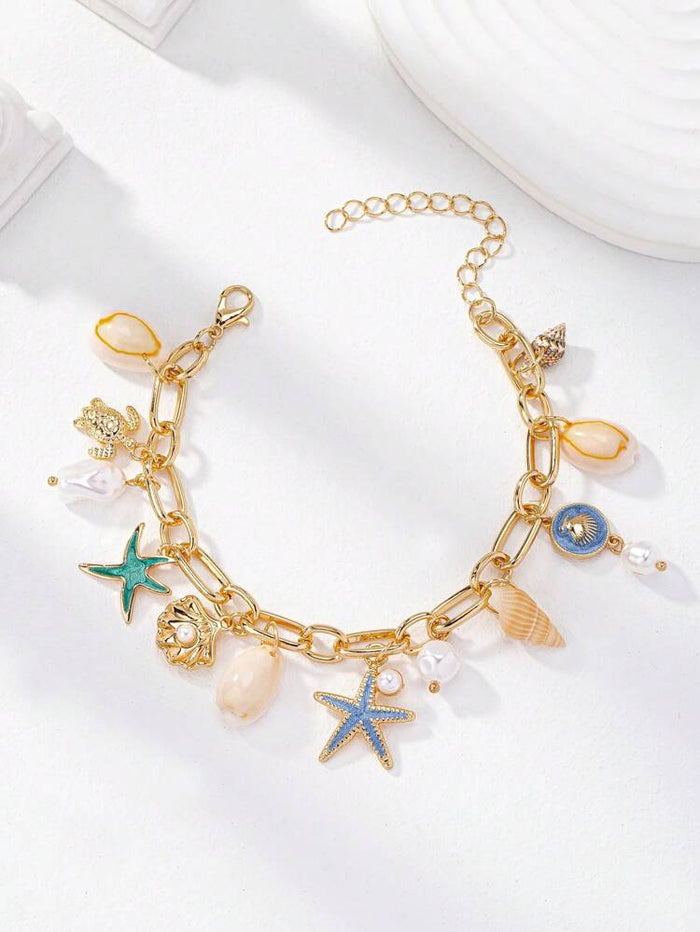 Women Ocean Charm Bracelet – Gold Starfish Shell Charm Chain Bracelet