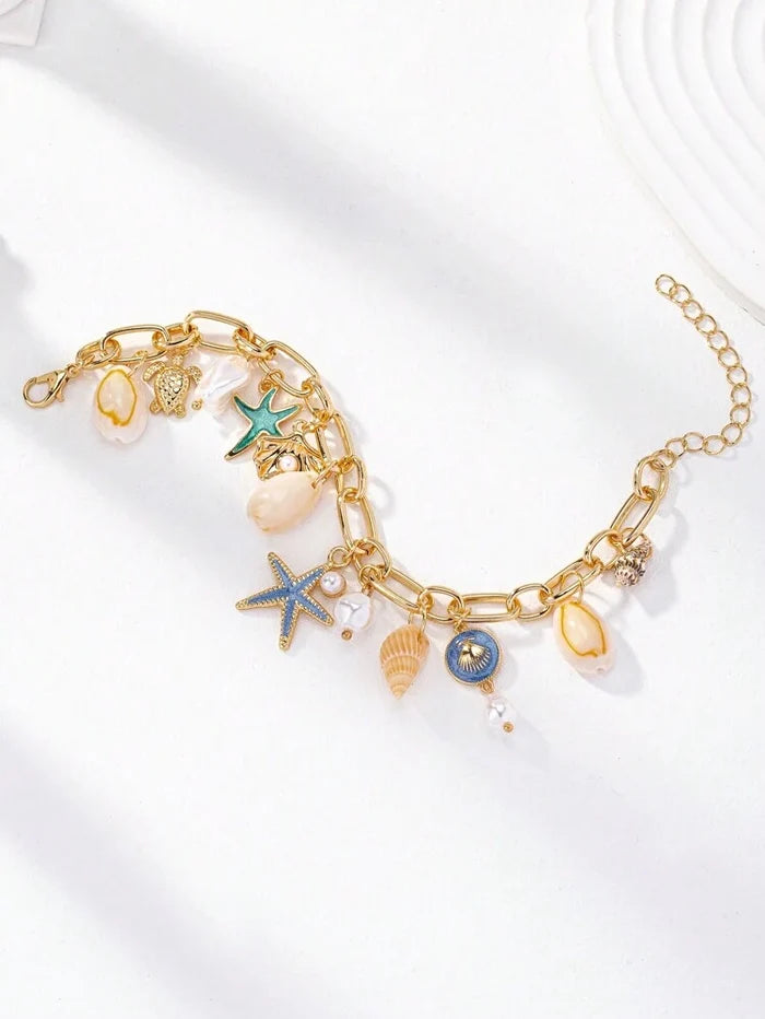 Women Ocean Charm Bracelet – Gold Starfish Shell Charm Chain Bracelet
