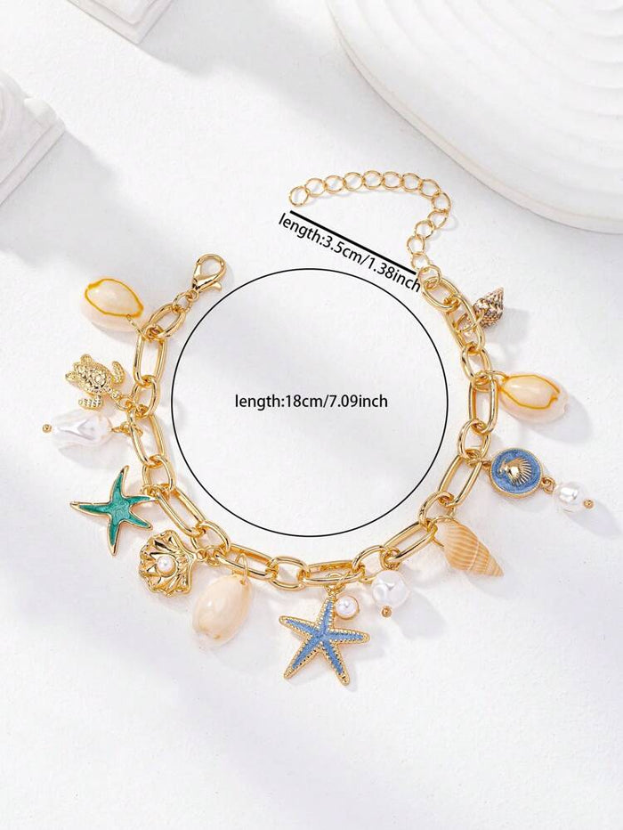 Women Ocean Charm Bracelet – Gold Starfish Shell Charm Chain Bracelet