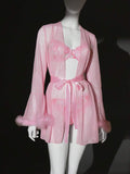 Women Pink Sheer Mesh Robe Lingerie Set – Feather Trim Nightwear