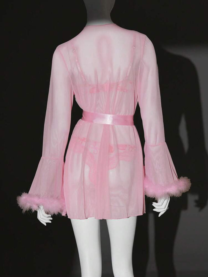 Women Pink Sheer Mesh Robe Lingerie Set – Feather Trim Nightwear