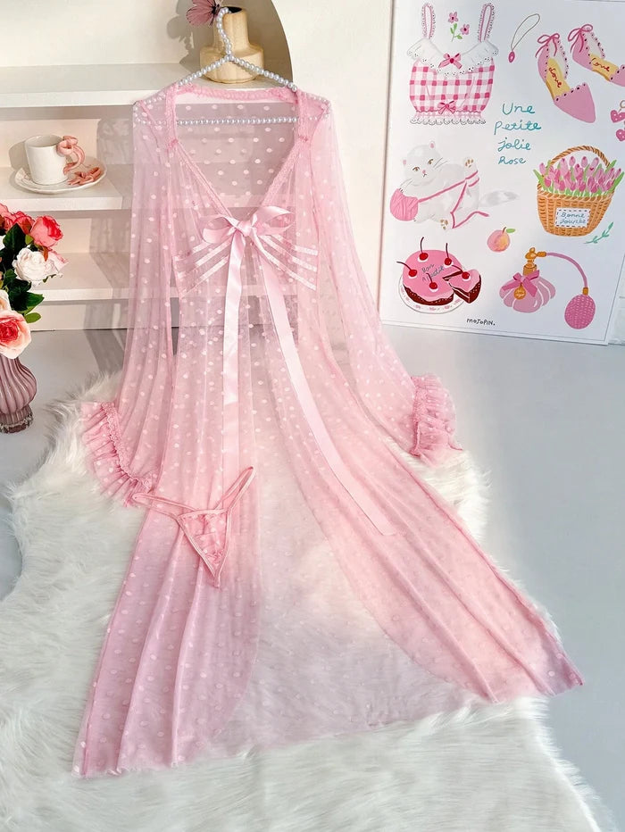 Women Pink Sheer Mesh Robe Lingerie Set – Polka Dot Nightdress with Thong