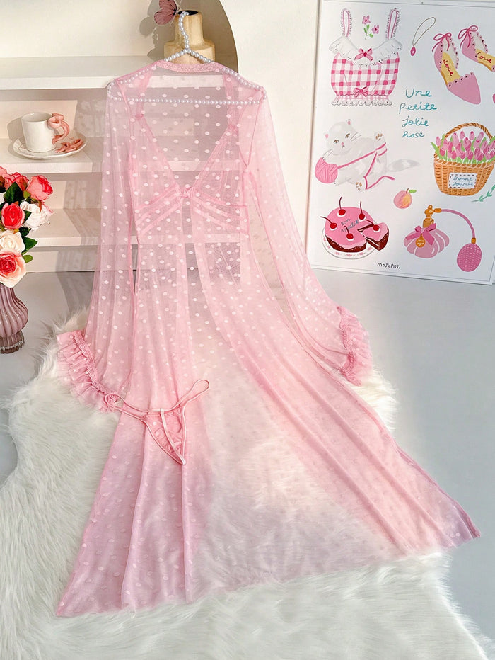 Women Pink Sheer Mesh Robe Lingerie Set – Polka Dot Nightdress with Thong