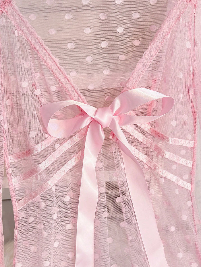 Women Pink Sheer Mesh Robe Lingerie Set – Polka Dot Nightdress with Thong