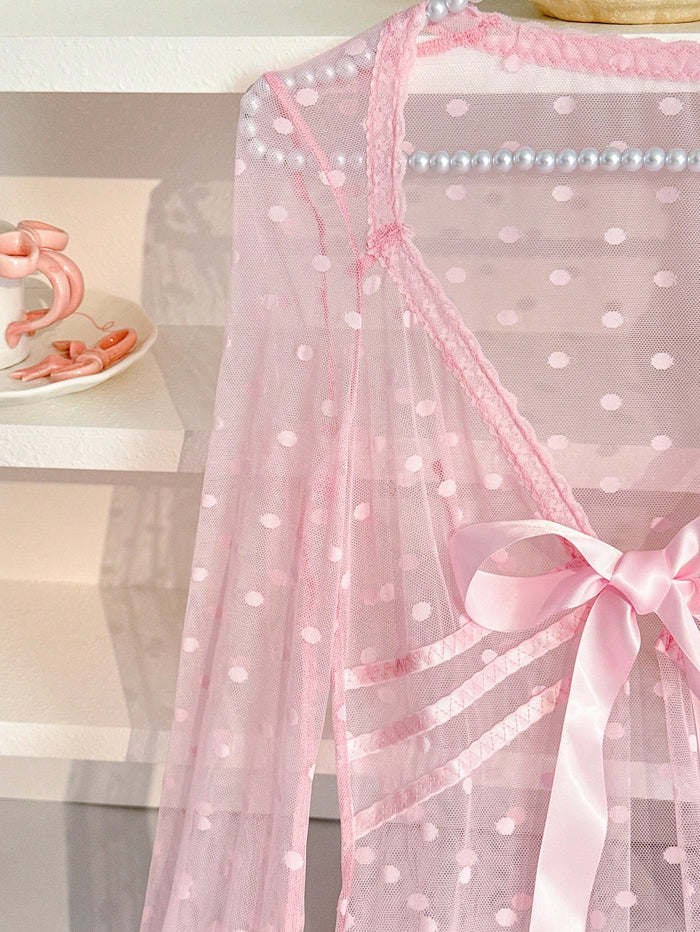 Women Pink Sheer Mesh Robe Lingerie Set – Polka Dot Nightdress with Thong