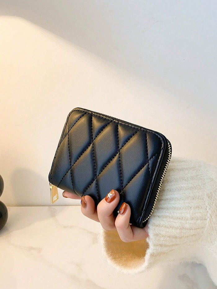 Women Quilted Wallet â€“ Compact Zipper Small Purse Black
