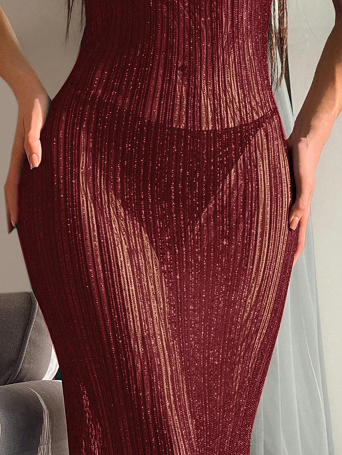 Women Sparkling Sheer Maxi Dress – Glitter Mesh Bodycon Dress