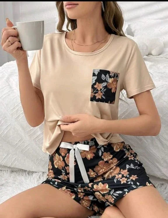 Women Two-Piece Homewear Set â€“ T-Shirt & Floral Shorts