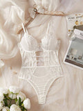 Women White Lace Bodysuit Lingerie – Elegant Floral Mesh One Piece