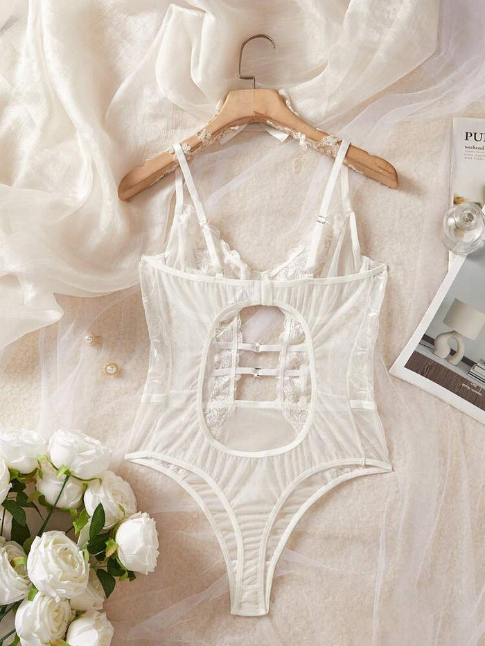 Women White Lace Bodysuit Lingerie – Elegant Floral Mesh One Piece