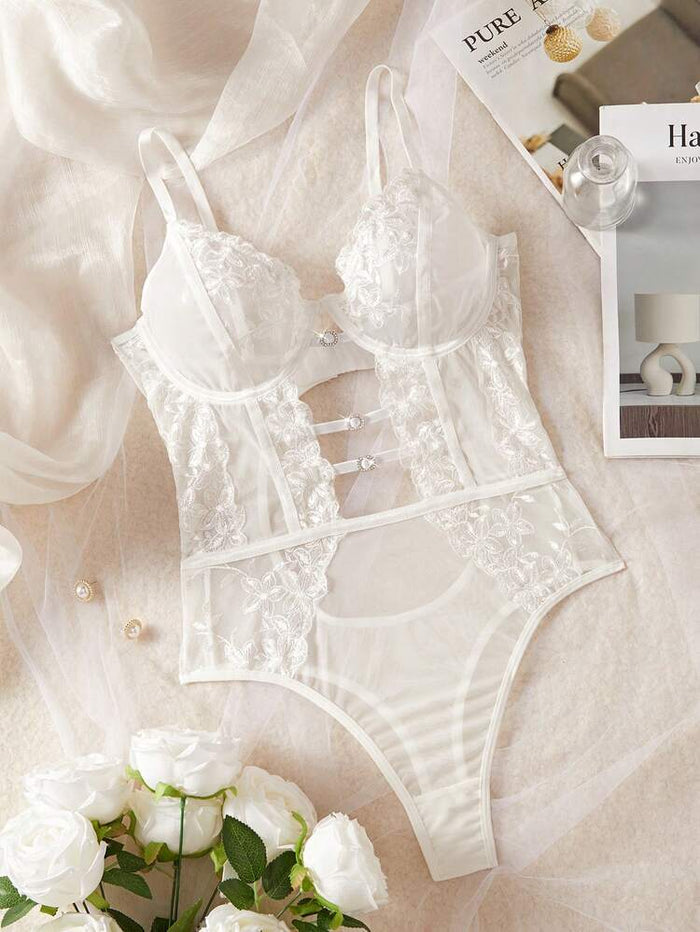 Women White Lace Bodysuit Lingerie – Elegant Floral Mesh One Piece