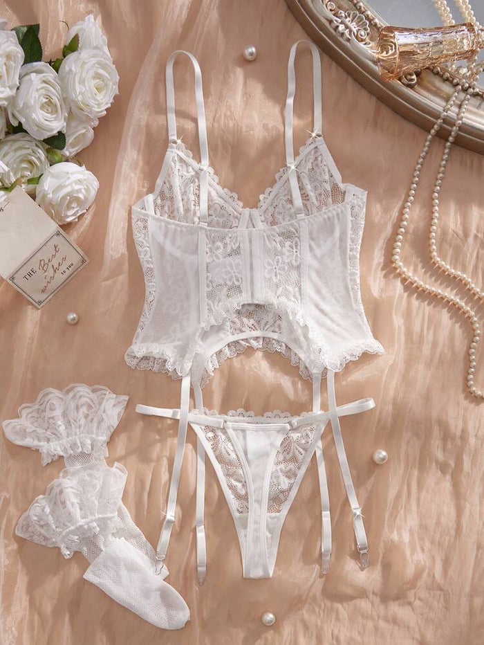 Women White Lace Corset Lingerie Set – Bridal Bustier with Garter & Thong