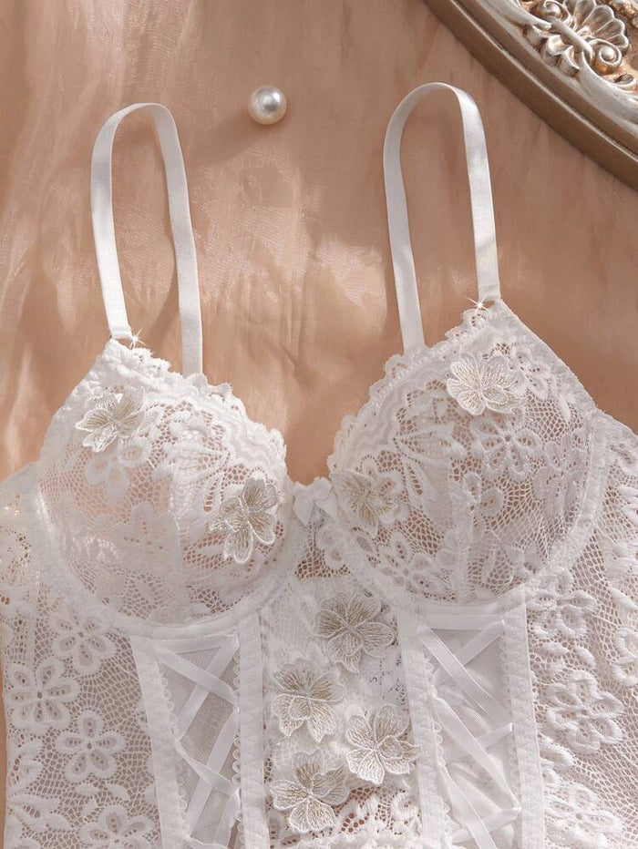 Women White Lace Corset Lingerie Set – Bridal Bustier with Garter & Thong
