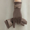 Women Winter Gloves â€“ Soft Fleece Warm Touch Screen Gloves with Cross Leather Detail Brown
