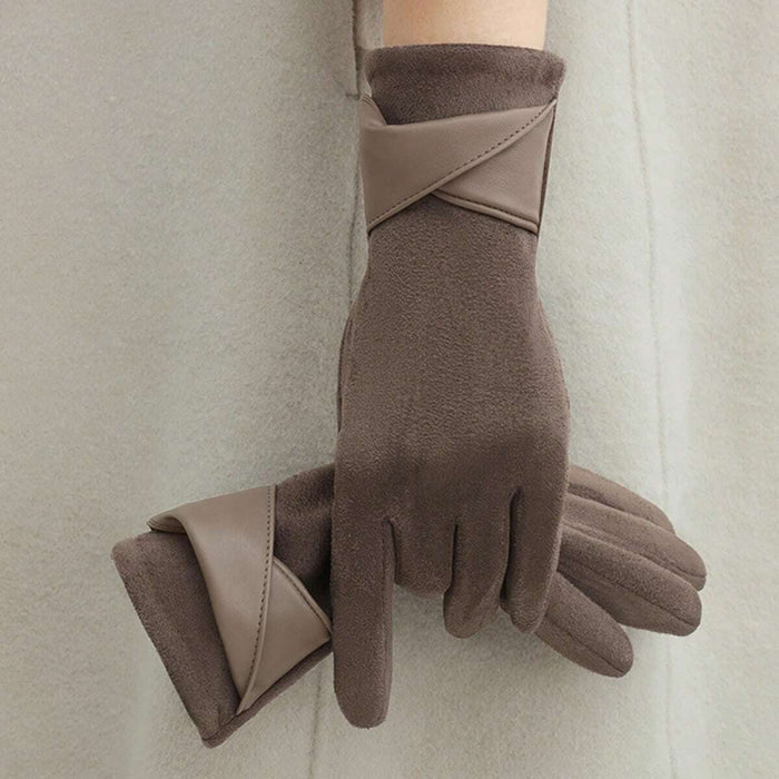 Women Winter Gloves â€“ Soft Fleece Warm Touch Screen Gloves with Cross Leather Detail Brown