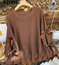 Womenâ€™s Winter Knit Sweater with Bow-Tie Sleeves â€“ Brown Color
