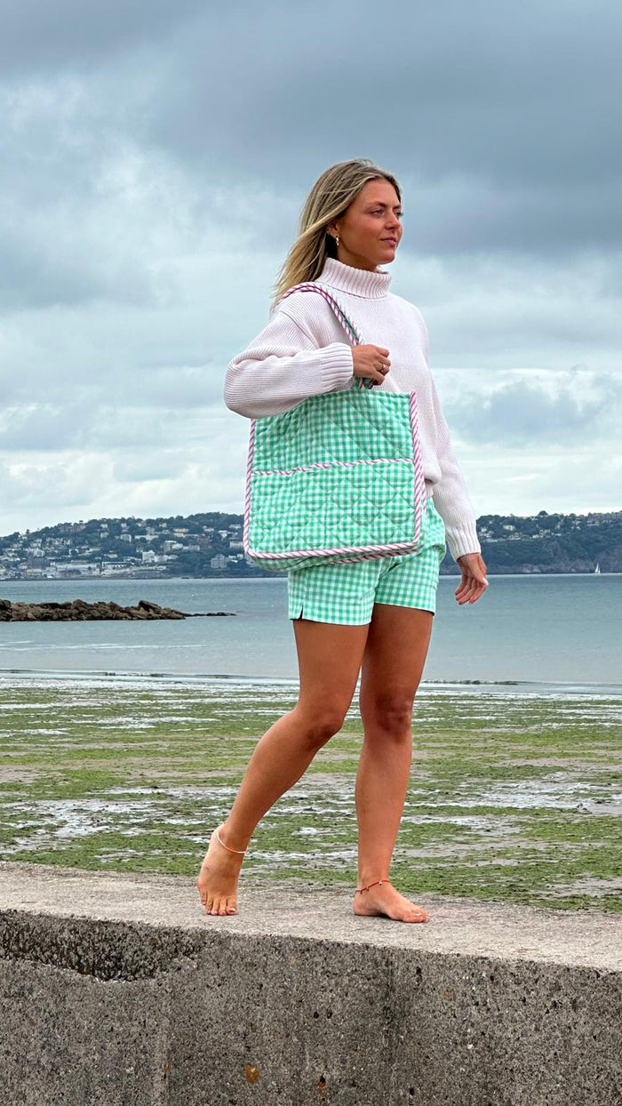 Womens 100% Cotton Shorts | Green Gingham