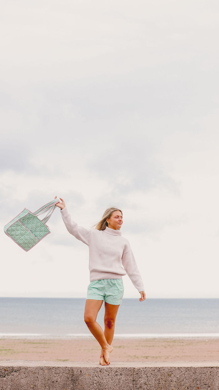 Womens 100% Cotton Shorts | Green Gingham
