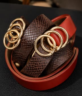 Women’s 2 Piece Belt Set – Brown & Red Waist Belts with Gold Ring Buckle – Stylish Everyday Fashion Belts