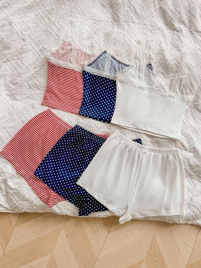 Women’s 3 Pack Lace Trim Pajama Shorts Sets – Red Stripe, White & Blue Polka Dot Cami Sleepwear Bundle