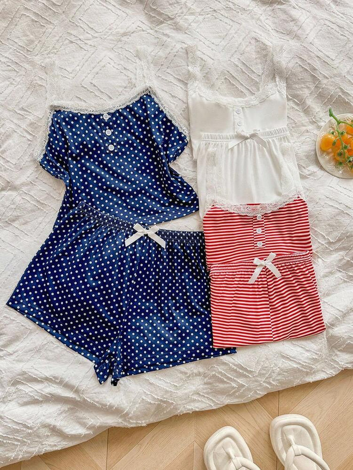Women’s 3 Pack Lace Trim Pajama Shorts Sets – Red Stripe, White & Blue Polka Dot Cami Sleepwear Bundle