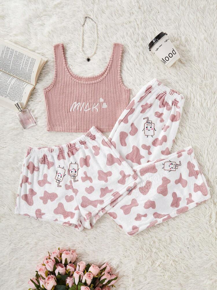 Women’s 3 Piece Milk Print Pajama Set – Pink Ribbed Tank Top, Shorts & Lounge Pants Sleepwear Set