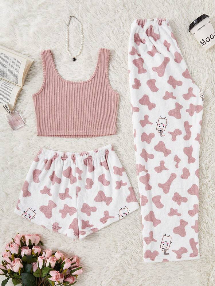 Women’s 3 Piece Milk Print Pajama Set – Pink Ribbed Tank Top, Shorts & Lounge Pants Sleepwear Set