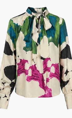 Women’s Abstract Print Tie Neck Blouse – Long Sleeve Elegant Shirt – Multicolor Statement Top