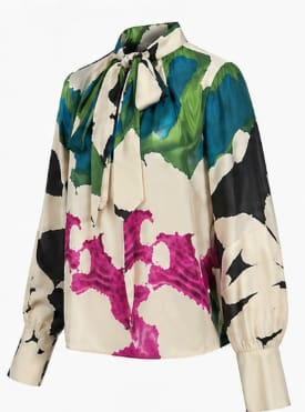 Women’s Abstract Print Tie Neck Blouse – Long Sleeve Elegant Shirt – Multicolor Statement Top
