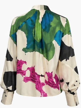 Women’s Abstract Print Tie Neck Blouse – Long Sleeve Elegant Shirt – Multicolor Statement Top