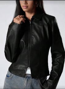 Women’s Black Fitted Leather Jacket – Zip Front Slim Fit Casual Biker Style