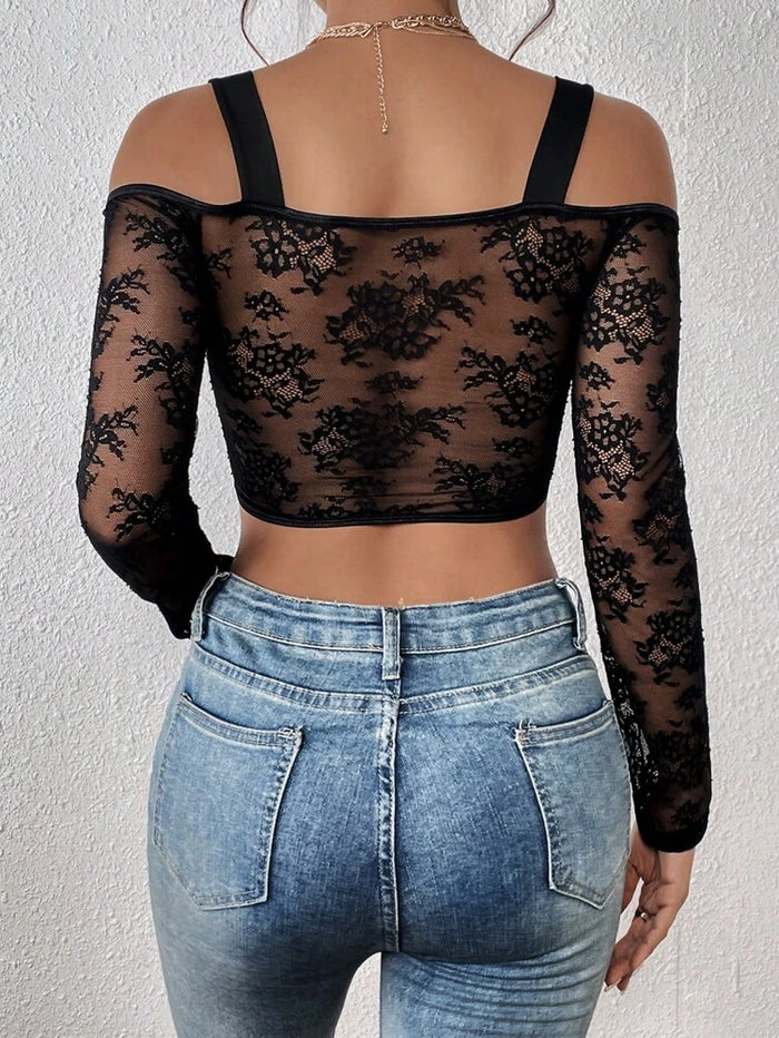 Women’s Black Lace Corset Mesh Top – Long Sleeve Off Shoulder Party Bustier Top