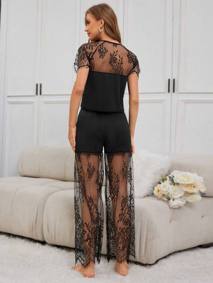 Women’s Black Lace Panel Top & Wide Leg Pants Lounge Set – Elegant Two Piece Homewear Set