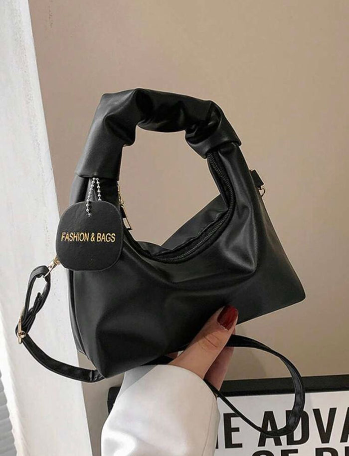 Women’s Black Mini Ruched Handle Bag – Soft Faux Leather Shoulder & Crossbody Purse – Trendy Compact Handbag