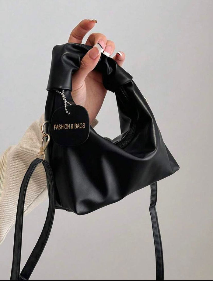 Women’s Black Mini Ruched Handle Bag – Soft Faux Leather Shoulder & Crossbody Purse – Trendy Compact Handbag