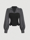Women’s Black Pinstripe Puff Sleeve Corset Top