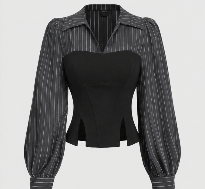 Women’s Black Pinstripe Puff Sleeve Corset Top