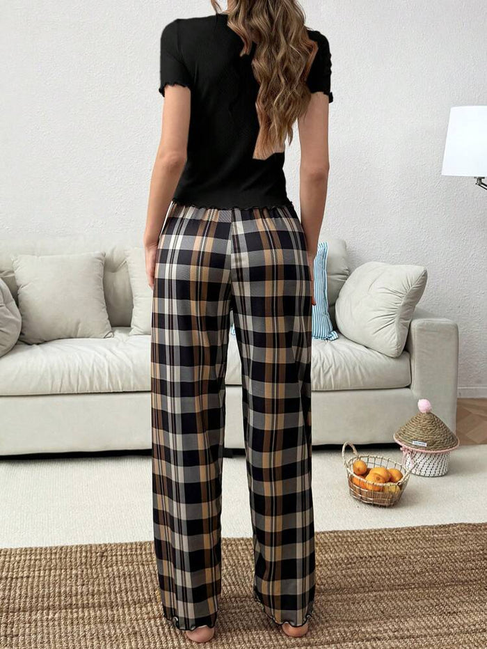 Women’s Black Ribbed Henley Top & Plaid Wide Leg Pants Lounge Set – Casual Two Piece Homewear Set