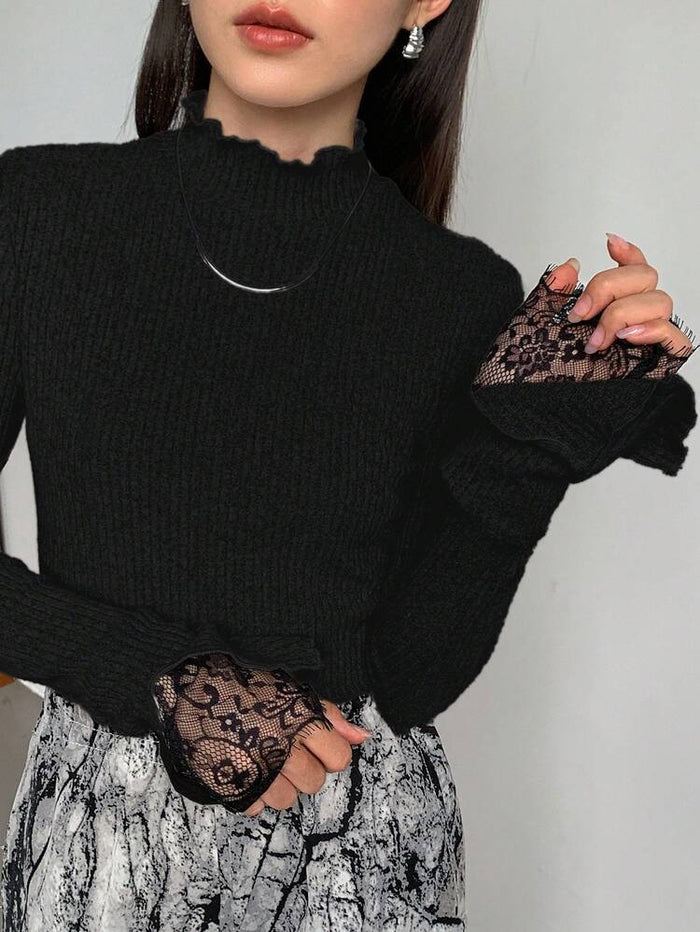 Women’s Black Ribbed Mock Neck Sweater Top – Lace Cuff Long Sleeve Elegant Knit Blouse